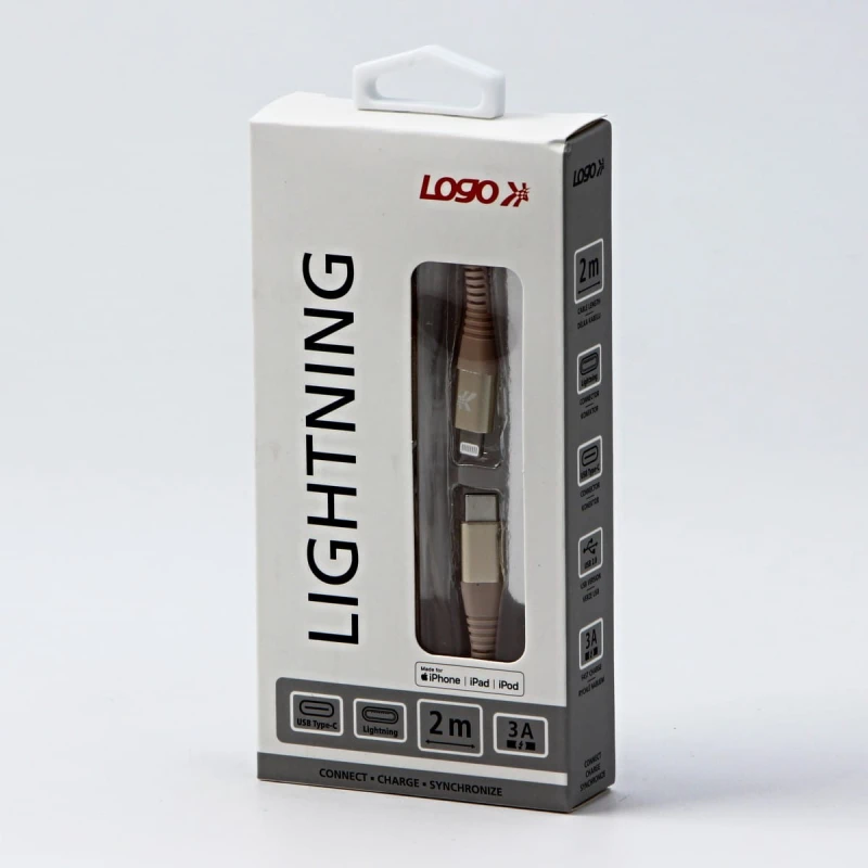 Kabel USB (2.0), USB C M- Apple Lightning M, 2m, MFi certifikat, 5V/3A, złoty, Logo, box, oplot nylonowy, aluminiowa osłona złącza