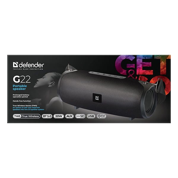 Defender głośnik G22, Li-Ion, 2.0, 20W, czarny, regulacja głośności, BT 5.0, TWS, boczne głośniki pasywne, 40Hz~20kHz