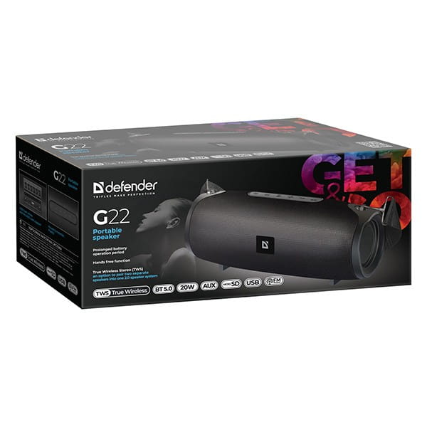 Defender głośnik G22, Li-Ion, 2.0, 20W, czarny, regulacja głośności, BT 5.0, TWS, boczne głośniki pasywne, 40Hz~20kHz
