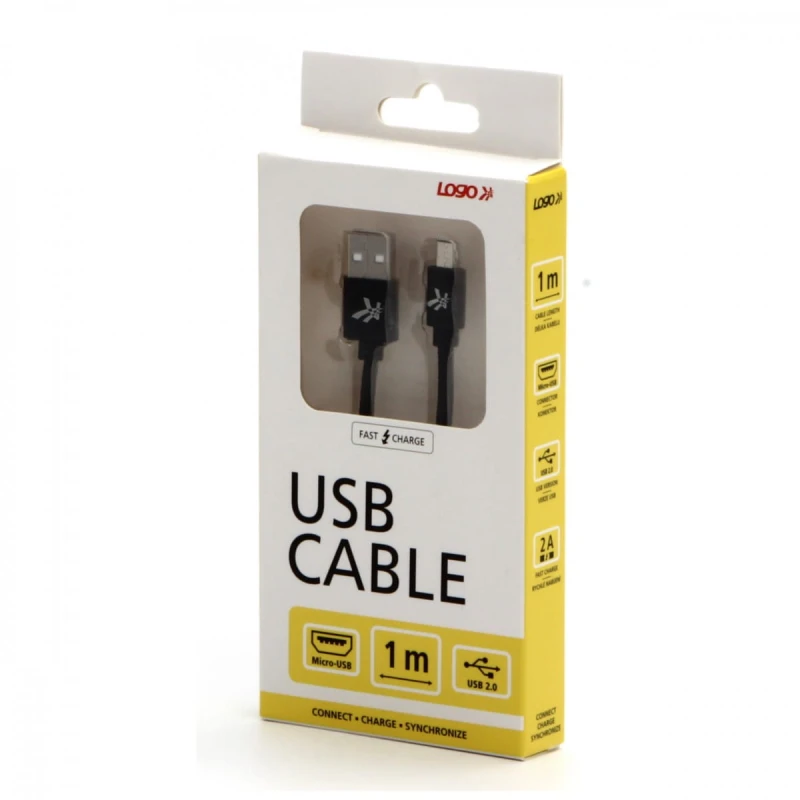 Kabel USB (2.0), USB A M- USB micro B M, 1m, 480 Mb/s, 5V/2A, czarny, Logo, box, oplot nylonowy, aluminiowa osłona złącza
