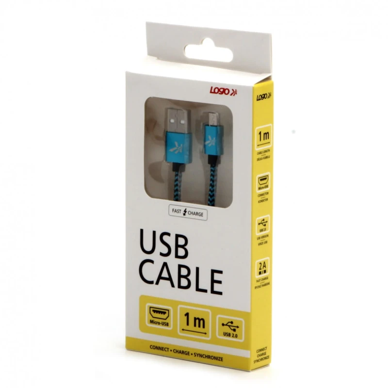 Kabel USB (2.0), USB A M- USB micro B M, 1m, 480 Mb/s, 5V/2A, niebieski, Logo, box, oplot nylonowy, aluminiowa osłona złącza