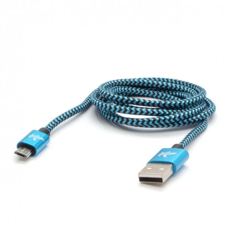 Kabel USB (2.0), USB A M- USB micro B M, 2m, 480 Mb/s, 5V/1A, niebieski, Logo, box, oplot nylonowy, aluminiowa osłona złącza