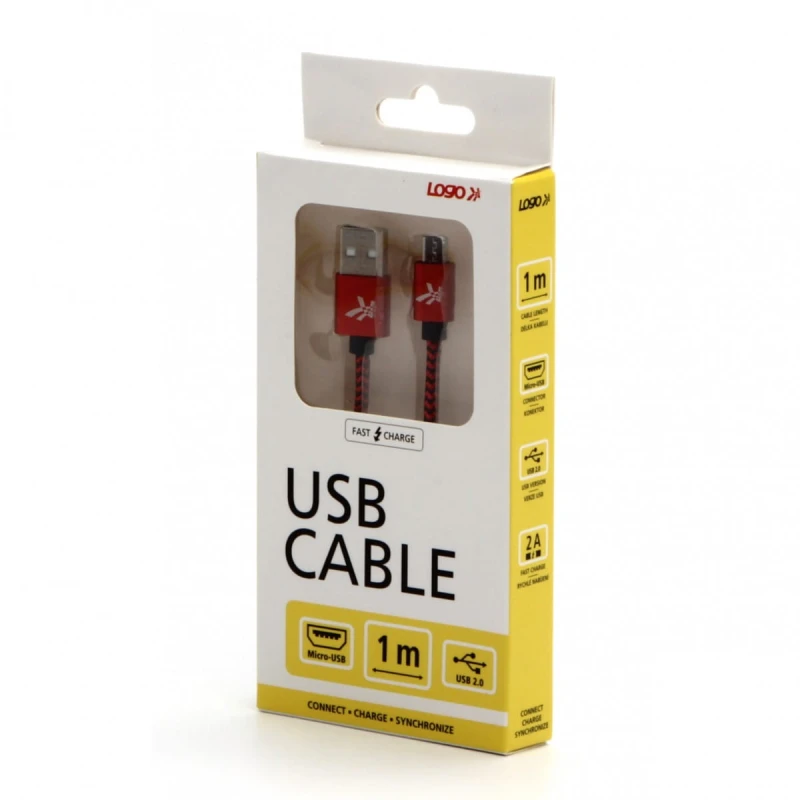 Kabel USB (2.0), USB A M- USB micro B M, 2m, 480 Mb/s, 5V/1A, czerwony, Logo, box, oplot nylonowy, aluminiowa osłona złącza