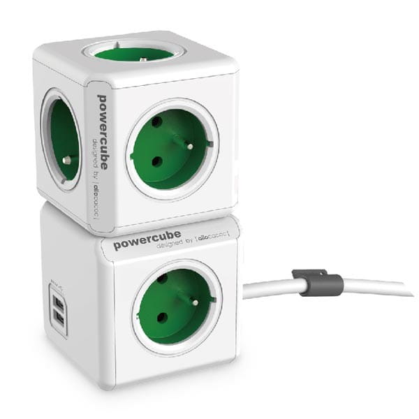 Kabel sieciowy 230V przedłużacz, CEE7 (widelec)-POWERCUBE, 3m, EXTENDED USB, szary, POWERCUBE, 4 zásuvky, dětské pojistky