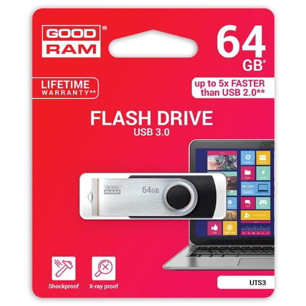 Goodram USB flash disk, USB 3.0 (3.2 Gen 1), 64GB, UTS3, czarny, UTS3-0640K0R11, USB A, z obrotową osłoną