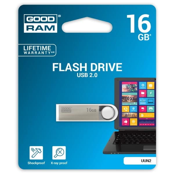 Goodram USB flash disk, USB 2.0, 16GB, UUN2, srebrny, UUN2-0160S0R11, USB A, z oczkiem na brelok