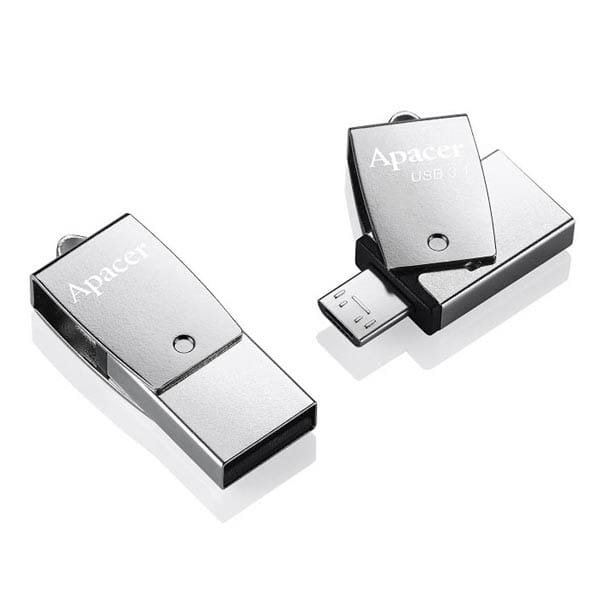Apacer USB flash disk OTG, USB 3.0 (3.2 Gen 1), 64GB, AH750, srebrny, AP64GAH750S-1, USB A / USB Micro  B, z obrotową osłoną