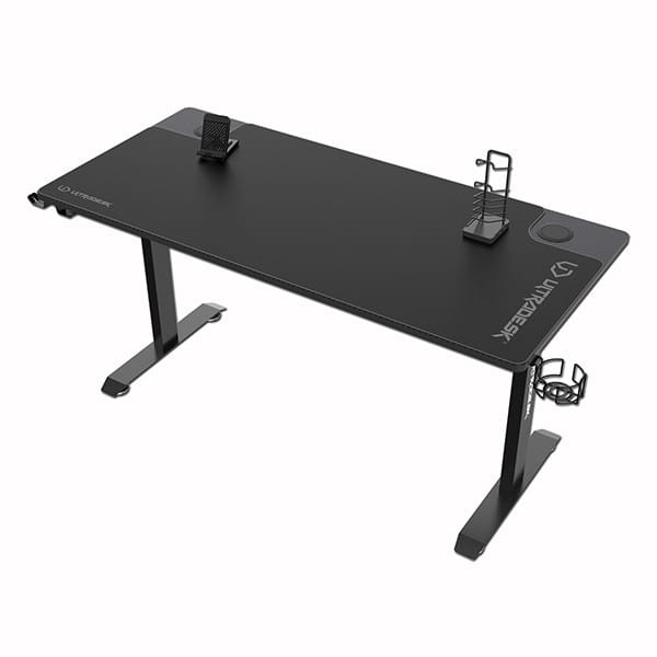 ULTRADESK Biurko dla gracza MOMENTUM - Black, 152,5x70 cm, 75,5 cm, z podkładką pod mysz XXL, uchwyt do słuchawek, na napój, telef