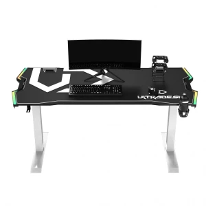 ULTRADESK Biurko dla gracza FORCE SNOW - białe, 166x70 cm, 66-86 cm, 5 poziomów wysokości, z podkładką pod mysz XXL, podświetlenie