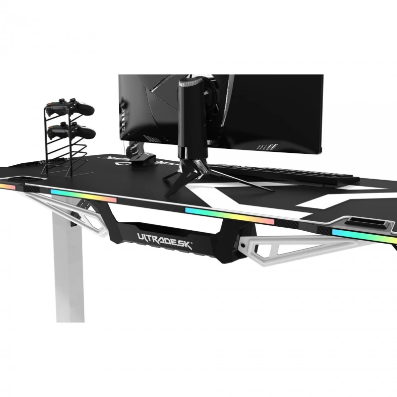 ULTRADESK Biurko dla gracza FORCE SNOW - białe, 166x70 cm, 76.5 cm, z podkładką pod mysz XXL, uchwyt na napoje i słuchawki