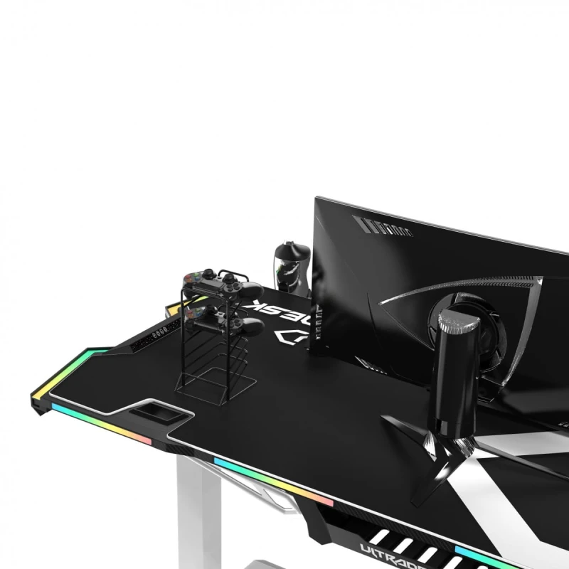 ULTRADESK Biurko dla gracza FORCE SNOW - białe, 166x70 cm, 76.5 cm, z podkładką pod mysz XXL, uchwyt na napoje i słuchawki
