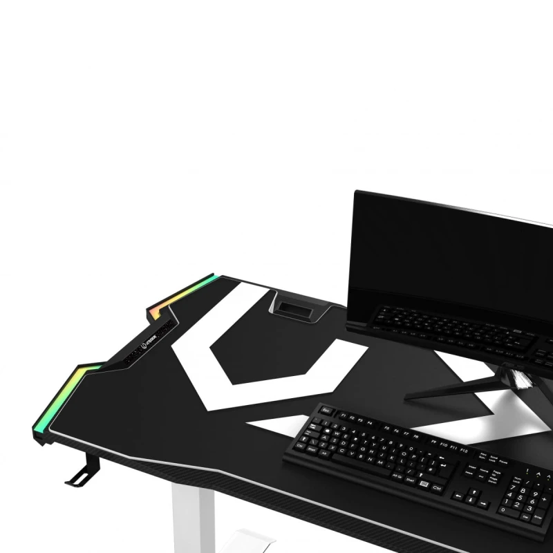 ULTRADESK Biurko dla gracza FORCE SNOW - białe, 166x70 cm, 76.5 cm, z podkładką pod mysz XXL, uchwyt na napoje i słuchawki
