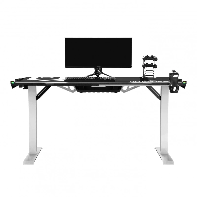 ULTRADESK Biurko dla gracza FORCE SNOW - białe, 166x70 cm, 76.5 cm, z podkładką pod mysz XXL, uchwyt na napoje i słuchawki