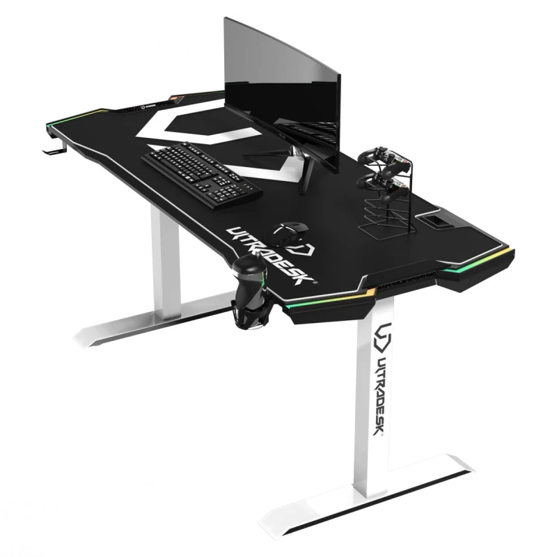 ULTRADESK Biurko dla gracza FORCE SNOW - białe, 166x70 cm, 76.5 cm, z podkładką pod mysz XXL, uchwyt na napoje i słuchawki