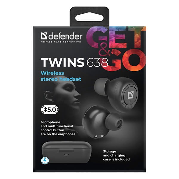 Defender Twins 638, słuchawki z mikrofonem, bez regulacji głośności na przewodzie, czarna, douszne, BT 5.0, TWS, etui z ładowarką