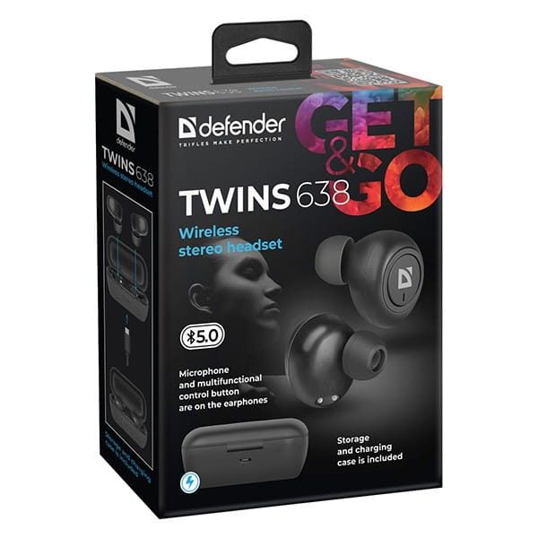 Defender Twins 638, słuchawki z mikrofonem, bez regulacji głośności na przewodzie, czarna, douszne, BT 5.0, TWS, etui z ładowarką