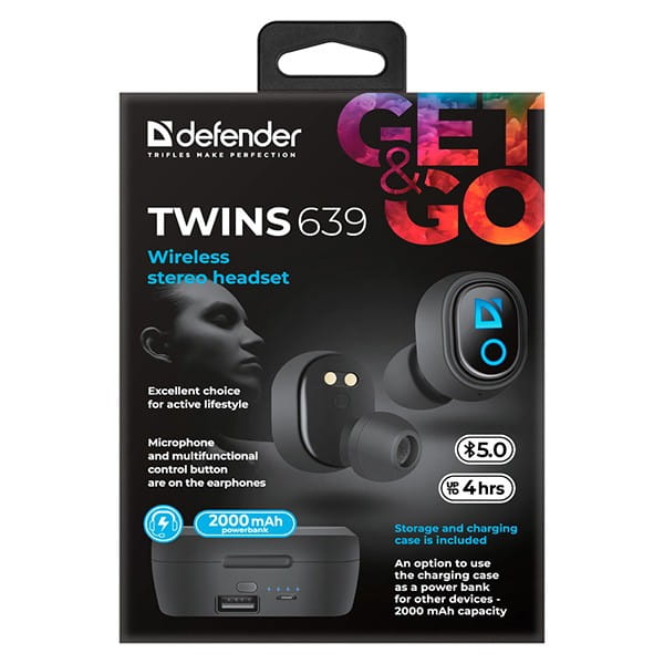 Defender Twins 639, słuchawki z mikrofonem, bez regulacji głośności na przewodzie, czarna, douszne, BT 5.0, TWS, etui z ładowarką