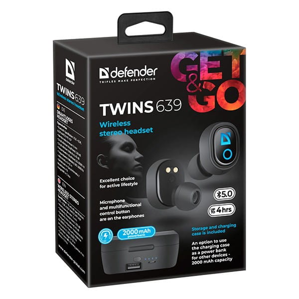 Defender Twins 639, słuchawki z mikrofonem, bez regulacji głośności na przewodzie, czarna, douszne, BT 5.0, TWS, etui z ładowarką