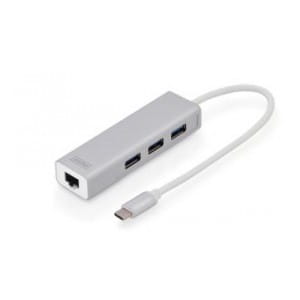 HUB/Koncentrator DIGITUS 3-portowy USB Typ C, USB A HighSpeed z Gigabit LAN aluminium