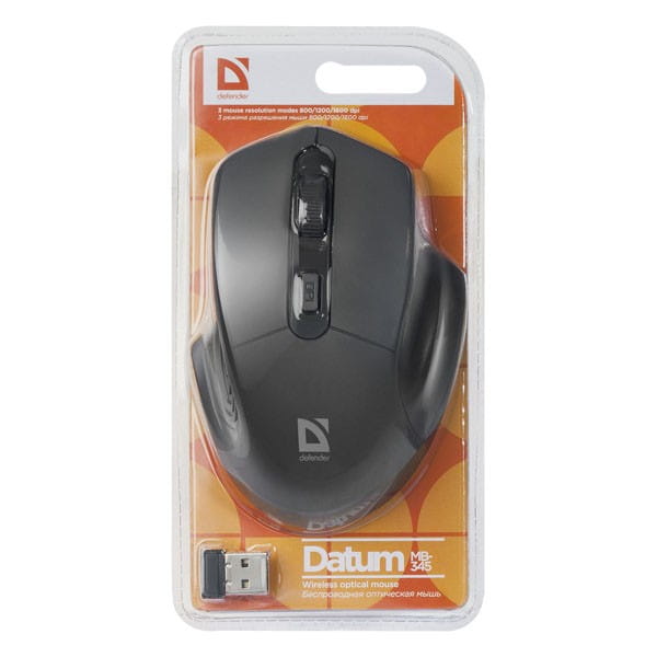 Defender Mysz Datum MB-345, 1600DPI, 2.4 [GHz], optyczna, 4kl., 1 scroll, bezprzewodowa, czarna, 2 szt AAA, nano-odbiornik, zasięg