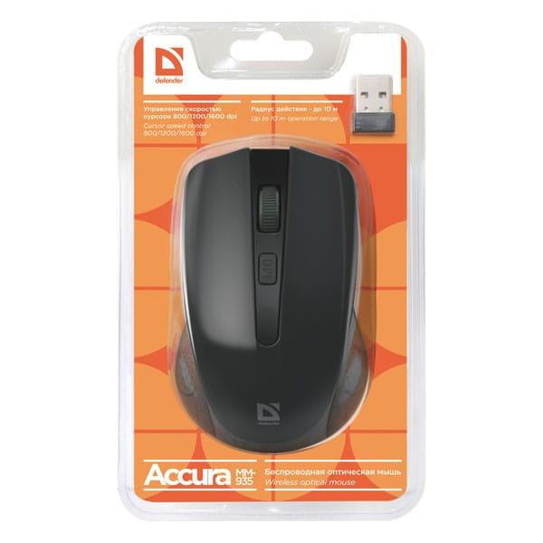 Defender Mysz Accura MM-935, 1600DPI, 2.4 [GHz], optyczna, 4kl., 1 scroll, bezprzewodowa, czarna, 2 szt AAA, nano-odbiornik, zasię