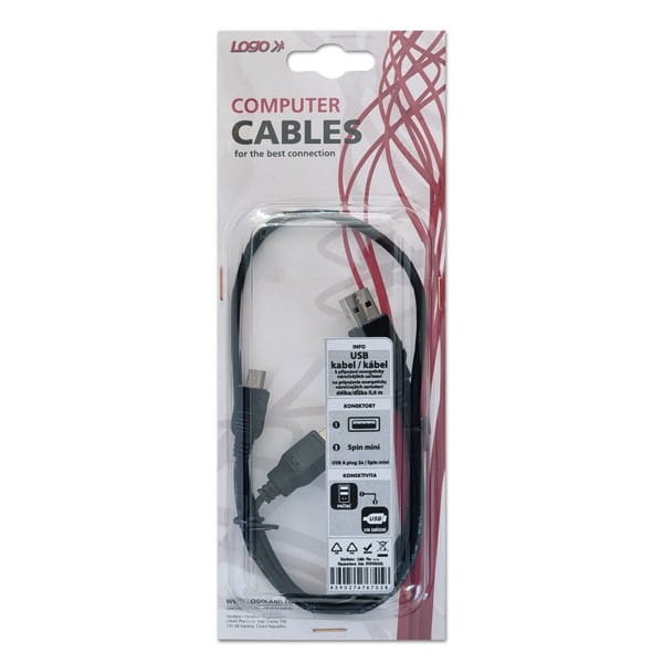 Kabel USB (2.0), USB A  2x M- USB mini M (5 pin), 0.6m, czarny, Logo, blistr