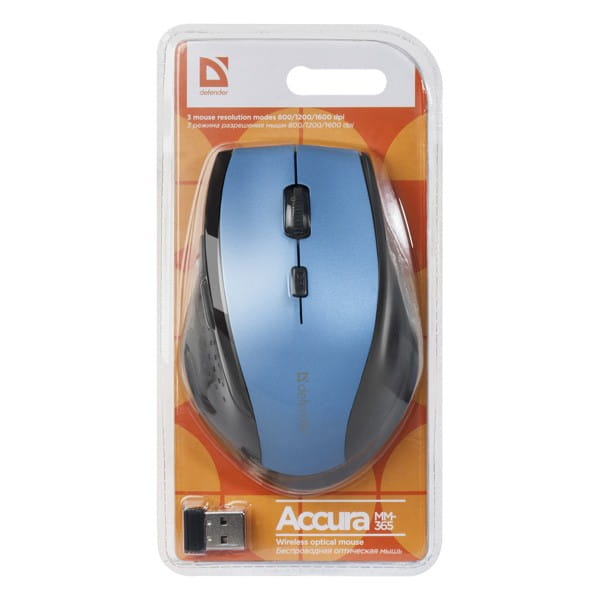 Defender Mysz Accura MM-365, 1600DPI, 2.4 [GHz], optyczna, 6kl., 1 scroll, bezprzewodowa, czarno-niebieski, 2 szt AAA, nano odbior