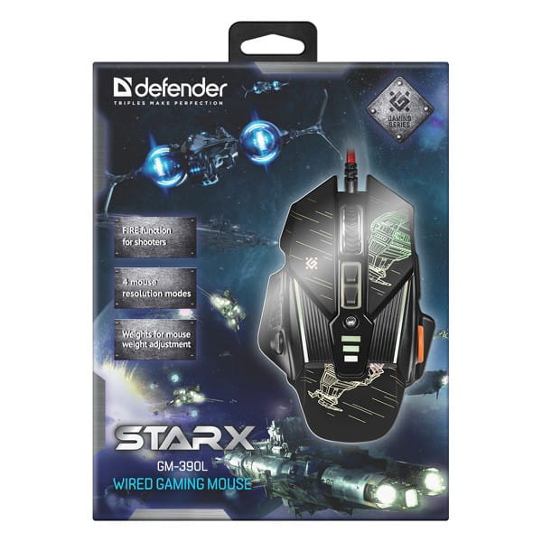 Defender Mysz sTarx GM-390L, 3200DPI, optyczna, 8kl., 1 scroll, przewodowa USB, czarna, gamingowa, edytor makr, ciężarki,, podświe