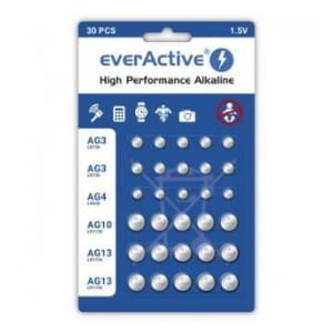 Baterie alkaliczne mini everActive 10 x G3 / LR41,  5 x G4 / LR626, 5 x G10 / LR1130, 10 x G13 / LR1154 zestaw 30 sztuk