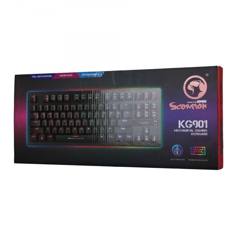 Marvo KG901, Klawiatura CZ/SK, do gry, niebieskie przełączniki typ przewodowa (USB), czarna, mechaniczna, podświetlenie