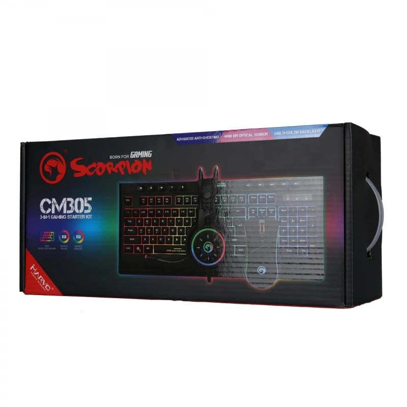 Marvo CM305, RGB zestaw klawiatura + mysz i słuchawki dla graczy, CZ/SK, do gry, membranowa typ przewodowa (USB), czarna, RGB podś