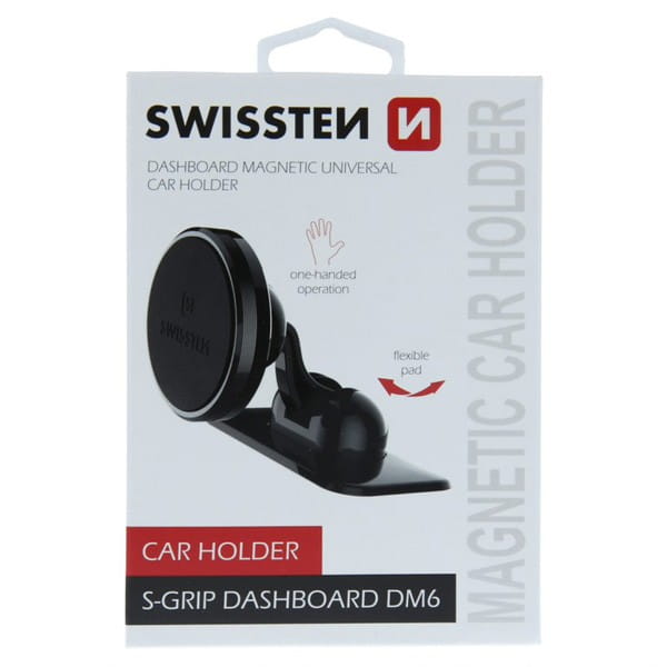 Uchwyt magnetyczny do telefonu lub GPS Swissten do samochodu, S-Grip Dashboard DM6, czarny, metal, z klejem, czarna, telefon