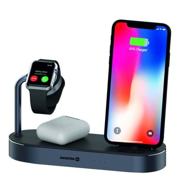 SWISSTEN, ładowarka bezprzewodowa 4w1, do telefonów,  Apple Watch, czarna, 12V, 45W, Qi, MFi