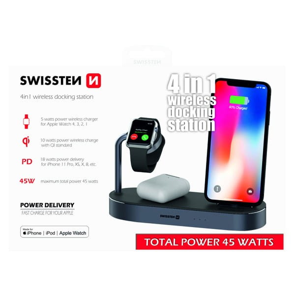 SWISSTEN, ładowarka bezprzewodowa 4w1, do telefonów,  Apple Watch, czarna, 12V, 45W, Qi, MFi