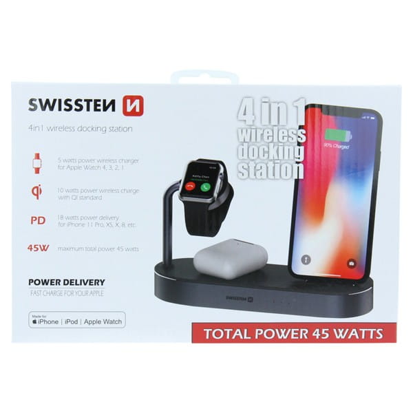 SWISSTEN, ładowarka bezprzewodowa 4w1, do telefonów,  Apple Watch, czarna, 12V, 45W, Qi, MFi