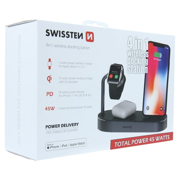 SWISSTEN, ładowarka bezprzewodowa 4w1, do telefonów,  Apple Watch, czarna, 12V, 45W, Qi, MFi