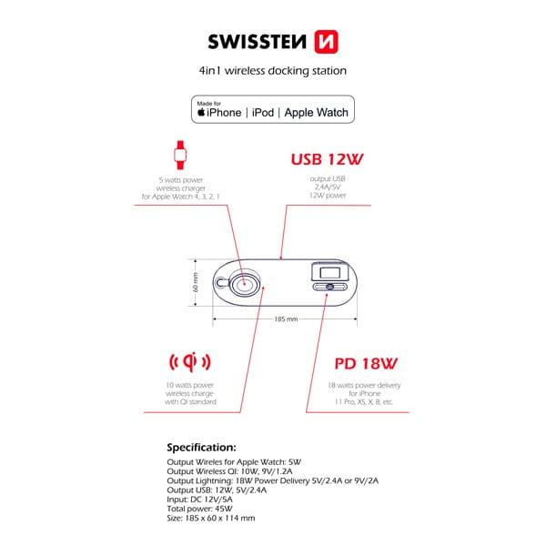SWISSTEN, ładowarka bezprzewodowa 4w1, do telefonów,  Apple Watch, czarna, 12V, 45W, Qi, MFi
