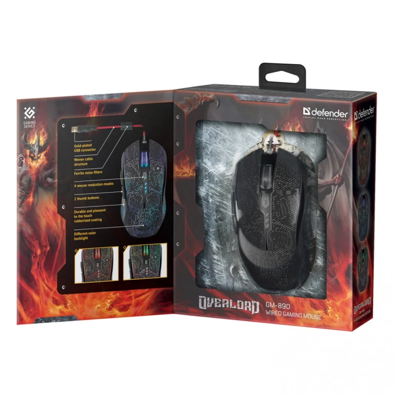 Defender Mysz OverLord GM-890, 3200DPI, optyczna, 6kl., 1 scroll, przewodowa USB, czarna, do gry, RGB