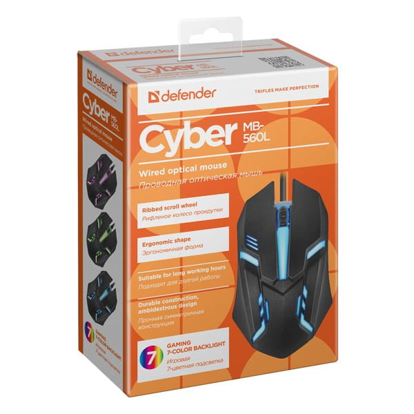 Defender Mysz Cyber MB-560L, 1200DPI, optyczna, 3kl., 1 scroll, przewodowa USB, czarna, do gry, podświetlona