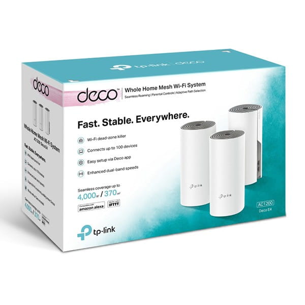 TP-LINK Wifi Mesh kit Deco E4(3-pack) 2.4GHz i 5GHz, access point, 1200Mbps, zintegrowana bateria anténa, 802.11ac, 3Pack, ISP, oc