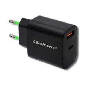 Ładowarka sieciowa Qoltec 18W | 5-12V | 1.5-3A | USB typ C PD | USB QC 3.0 | Czarna