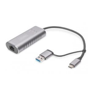 Karta sieciowa DIGITUS przewodowa USB 3.1 Typ C + USB A do 1x RJ45 2.5 Gigabit Ethernet 10/100/1000/2500Mbps