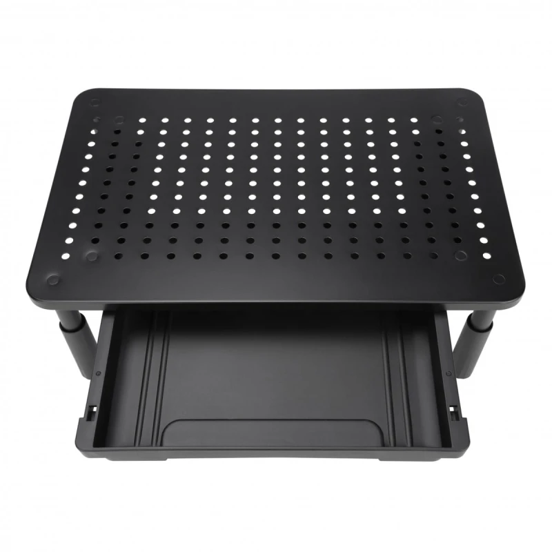 Podstawa pod monitor, regulowana wysokość, otwory wentylacyjne, szuflada, czarny, metal/ tworzywo, 20 kg nośność, Powerton, ergo