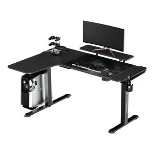 ULTRADESK Biurko dla gracza WINGER - czarny, 111x155x60 cm, 75-122 cm, elektycznie regulowany, podświetlenie RGB, uchwyt na słucha