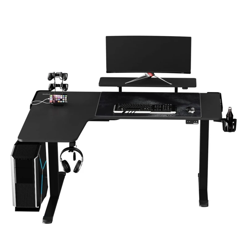 ULTRADESK Biurko dla gracza elektycznie regulowany, podświetlenie RGB, uchwyt na słuchawki i napój