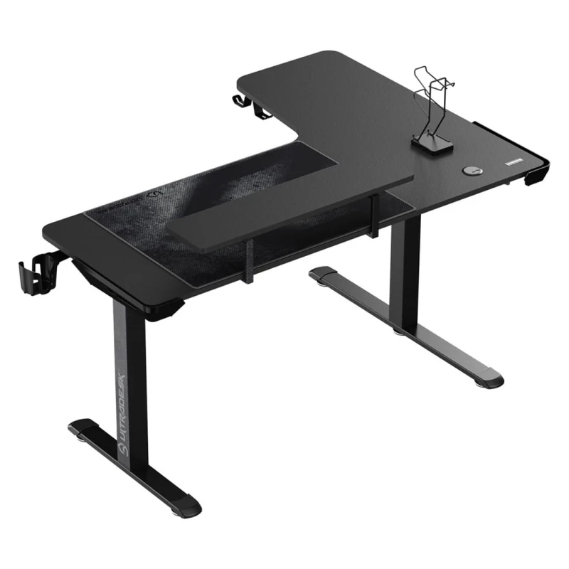 ULTRADESK Biurko dla gracza elektycznie regulowany, podświetlenie RGB, uchwyt na słuchawki i napój