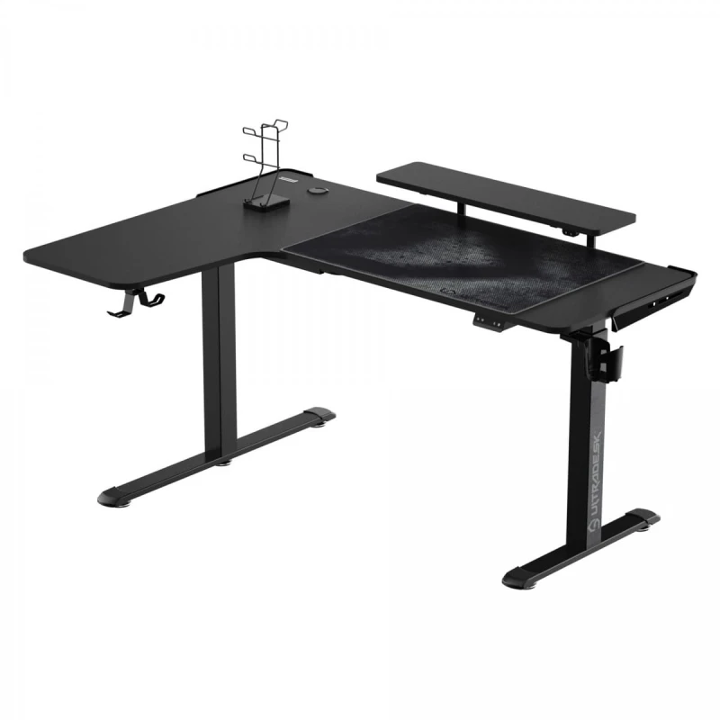 ULTRADESK Biurko dla gracza elektycznie regulowany, podświetlenie RGB, uchwyt na słuchawki i napój