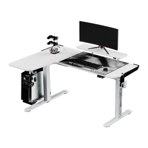 ULTRADESK Biurko dla gracza WINGER - biały, 111x155x60 cm, 75-122 cm, elektycznie regulowany, podświetlenie RGB, uchwyt na słuchaw