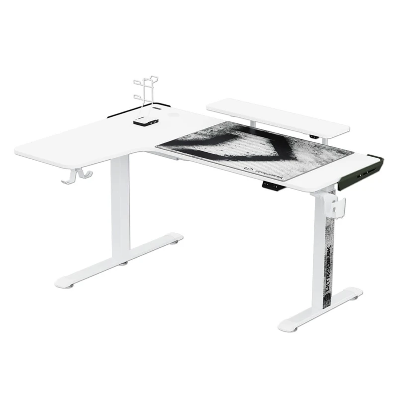 ULTRADESK Biurko dla gracza elektycznie regulowany, podświetlenie RGB, uchwyt na słuchawki i napój