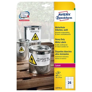 Avery Zweckform etykiety 70mm x 37mm, A4, matowe, białe, 24 etykiety, bardzo trwałe, pakowane po 20 szt., L4718-20, do drukarek la